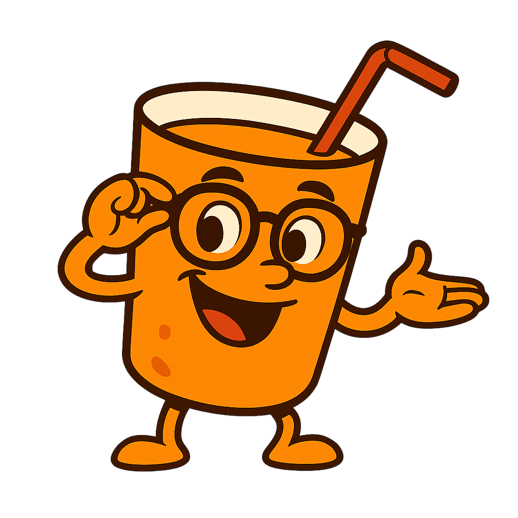 Zippy, the friendly orange juice mascot with glasses, smiling confidently while adjusting his glasses with one hand and gesturing outward with the other.