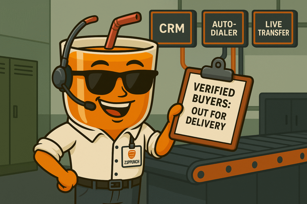 Delivery Zippy wearing sunglasses, a headset, and a white button-up shirt with a ZIPPUNCH badge. He confidently holds a clipboard that reads “VERIFIED BUYERS: OUT FOR DELIVERY” while standing next to a conveyor belt in a modern fulfillment-style office. Signs in the background label areas as “CRM,” “AUTO-DIALER,” and “LIVE TRANSFER.”
