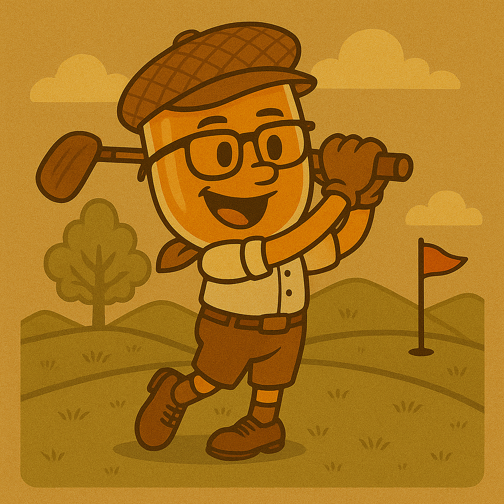 A vintage-style cartoon illustration of Zippy, an anthropomorphic orange juice glass character with a red-striped straw, glasses, and a plaid golfing cap. He is smiling and swinging a golf club on a sunlit course with rolling green hills, a red flag in the distance, and a warm retro color palette.